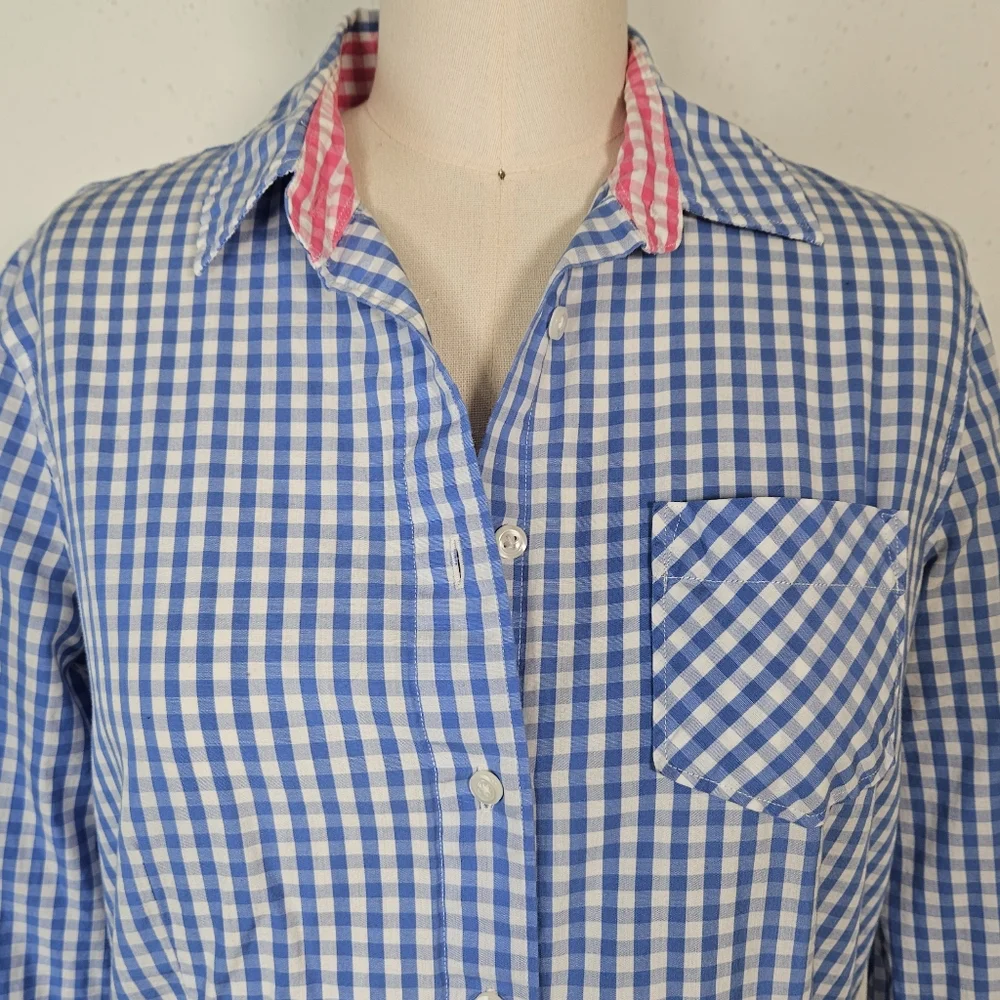 Brooks Brothers Blue Gingham Button Down Shirt Pink Contrast Trim Size 2